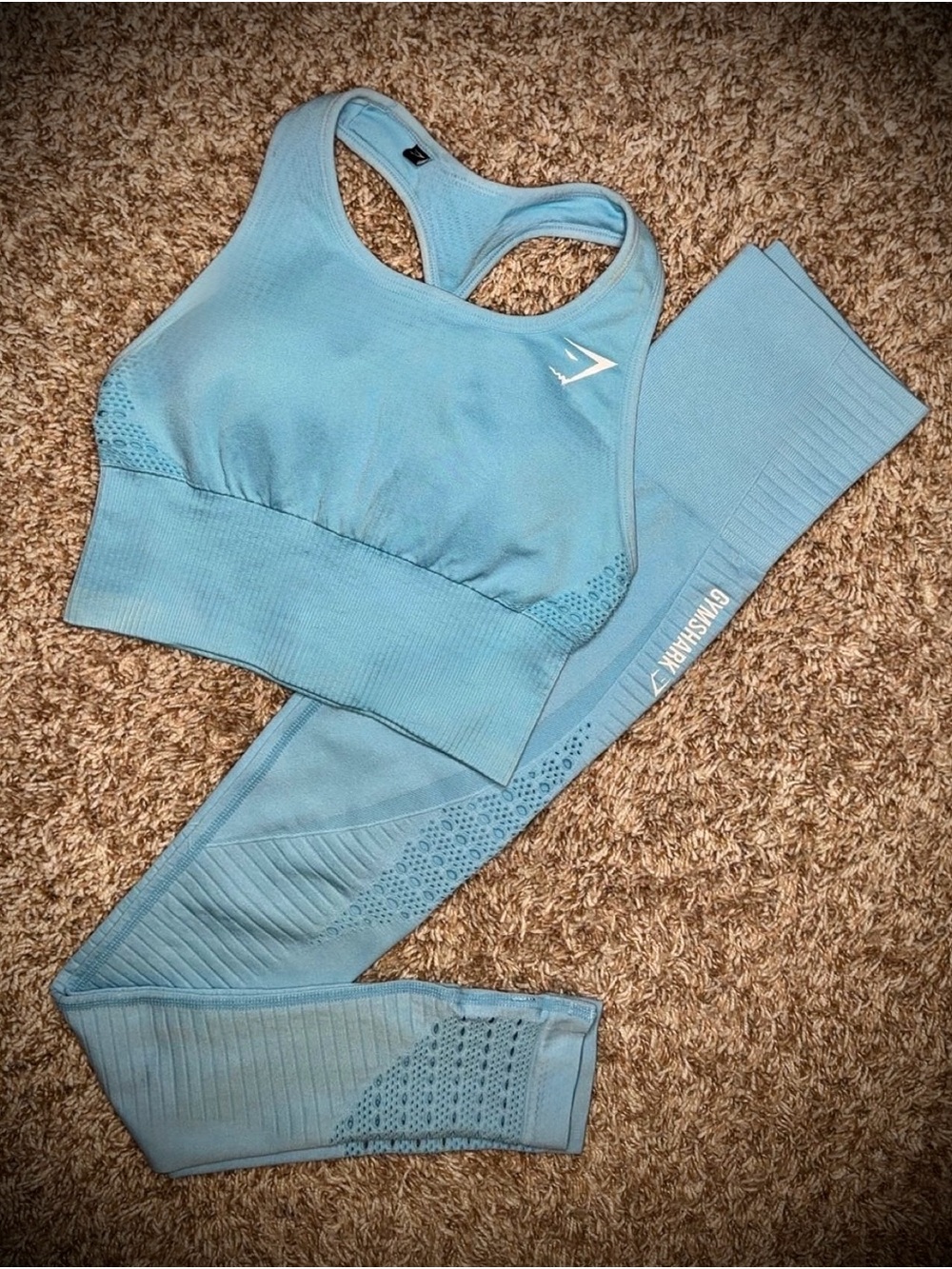 Gymshark sky‑blue seamless bra + leggings set (new) - Small